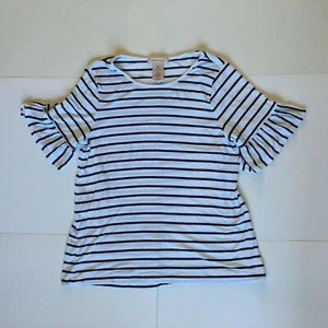 Philosophy Womens XL White Black Stripe Ruffle Sleeve Top Blouse Soft Rayon - Picture 1 of 8