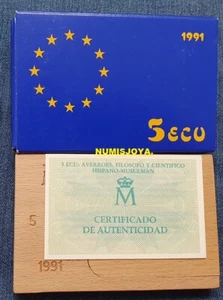 5 ECU PLATA año 1991. AVERROES MUSULMAN. Peso 1 onza TROY 31,10 gr de 999/1000. - Foto 1 di 3
