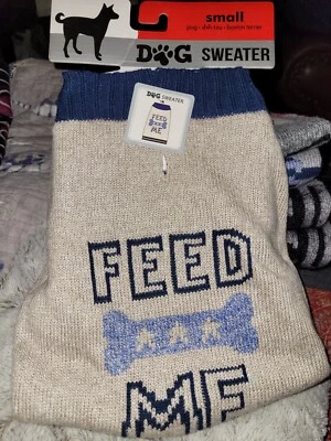 Dog Sweater FEED ME Bone Oatmeal & Blue Trim Pug Boston Terrier Sz: Small New! - Image 1 of 4