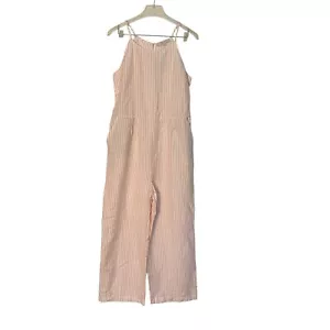 LOFT Red White Size 10P Jumpsuit Linen Blend Size 4 Wide Leg Pockets NEW NWT - Picture 1 of 8
