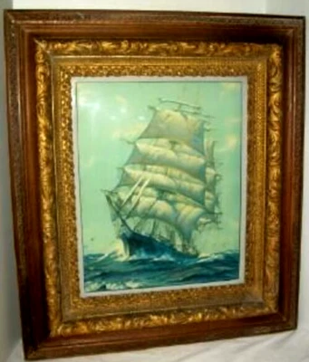 Litografia vitoriana 5 camadas moldura antiga madeira dourada Gesso enorme clipper navio - Imagem 1 de 4