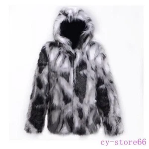 Mens Faux Fur Furry Hooded Warm Thicken Coat Jacket Outwear Zip Winter Oversize - Picture 1 of 9