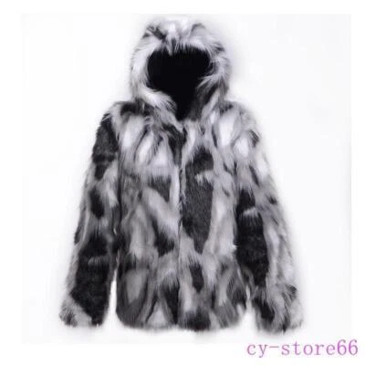 Mens Faux Fur Furry Hooded Warm Thicken Coat Jacket Outwear Zip Winter Oversize - Image 1 of 4