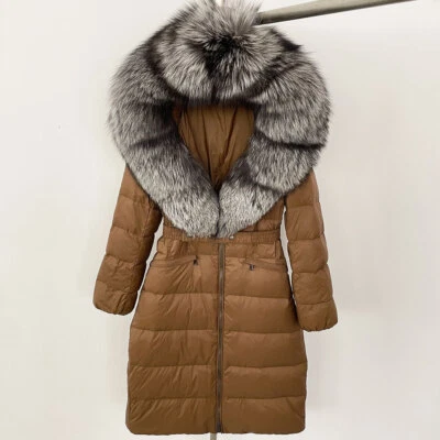 Winter Womens Hooded Real Fox Fur Collar Down Jacket Long Coats Overcoat Zipper - Image 1 of 4