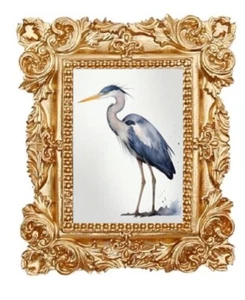 Blue Heron Framed Tiny Miniature Mini ART PRINT Gold Ornate Frame NOT ACEO - Picture 1 of 4
