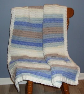 Blue, Taupe, Ivory & White Stripe Crochet Baby Afghan / Blanket - New - Nice! - Picture 1 of 2