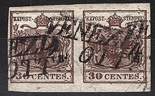 1850 ASI Lombardo Veneto 30 cent bruno I tipo 7 usato Lotto ASILV7f coppia