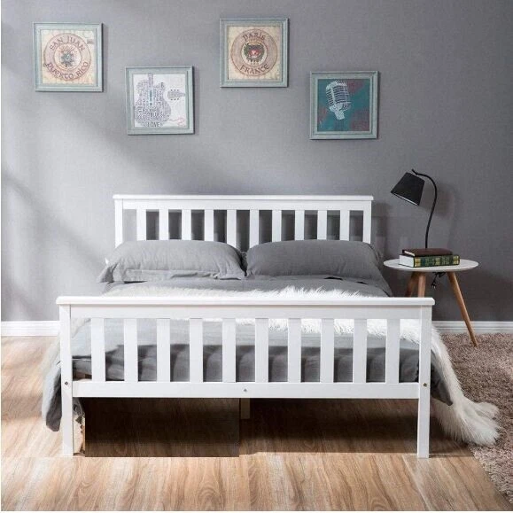 Small Double Bed with Optional Mattres White Pine Wood Solid Wooden Shaker Style