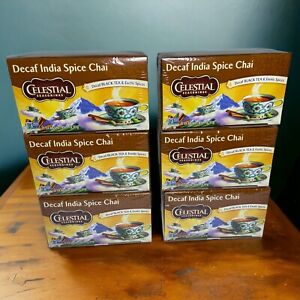 6 Celestial Seasonings India Spice Chai Tea- Decaf - 20 ct / bags ea- BB 12/2024