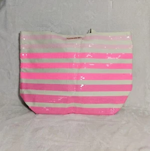 NWOT Victoria's Secret Large Overnight Tote Bag White Canvas & Pink Sequina - Picture 1 of 5