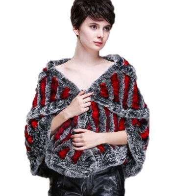Real Rex Rabbit Fur Cape Winter Warm Shawl Wraps With Pocket Hollow out weaving - Image 1 of 4