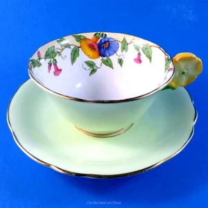 Light Green with Morning Glory Design Flower Handle Aynsley Tea Cup & Saucer - Picture 1 of 7