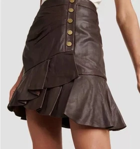 VERONICA BEARD Skirt SABA Brown Napa LEATHER womens mini short Ruffled Size 8 - Picture 1 of 9