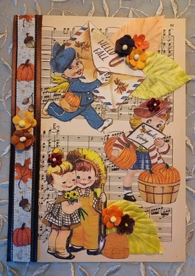 🦃 🦃Handcrafted Embellished CUTE Kitschy THANKSGIVING Greeting Card OOAK 5x7  - Image 1 of 4