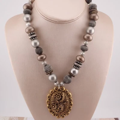 Collar Chicos Peltre Bronce Tono Dorado Estrás Flor Colgante Cuentas 20" Foto 1 de 4