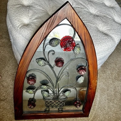 Vintage Mid Century Modern Baroque Metal Roses Adorned Mirror Wooden Frame - Image 1 of 4
