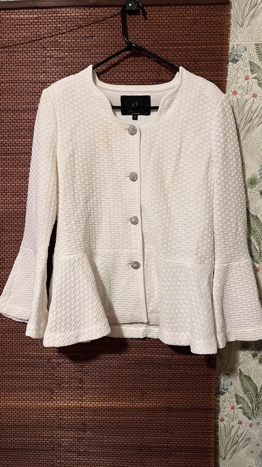 Liorah Exclusive White Knit Skirt Suit w/Studs and Rhinestones, Size 14 - Image 1 of 4