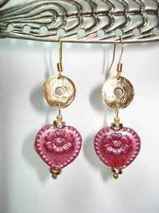 2 1/8" Drop Vintage Style Pink Heart & Flat Hammered Gold Plate Earwire Earrings - Picture 1 of 8
