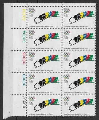 1972 Winter Olympics Bobsledding Mint Plate Block of 10. SC# 1461, MNH, No Gum - Image 1 of 3
