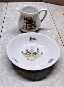 ANTIQUE BABY CHILD'S BOWL & PITCHER HOUSE JACK BUILT COW CRUMPLED HORN GERMANY - Picture 1 of 6