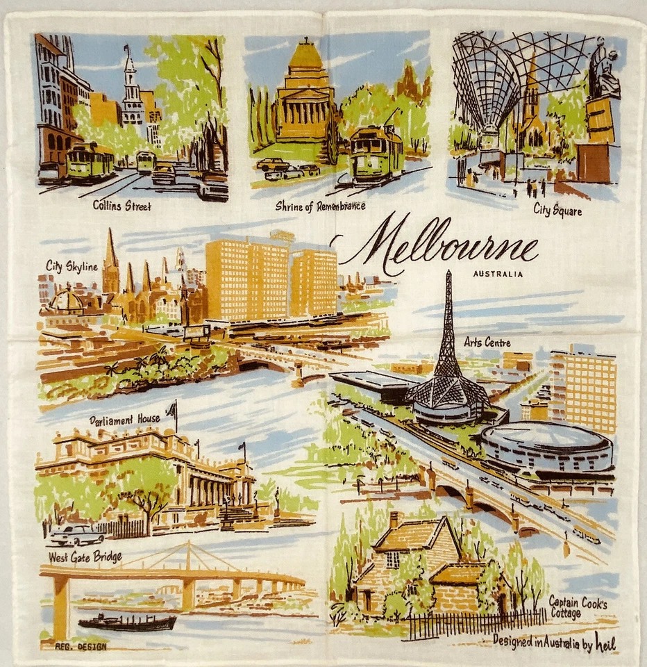 Melbourne Australia Hankie Handkerchief Tourist souvenir VTG Design Heil 15 - Image 1 of 4
