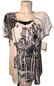 New ONE WORLD Top Size 1X Black White Boho Peasant Romantic Embellished SS Tunic - Picture 1 of 6