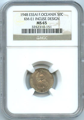 French Oceania 50 Centimes ESSAI 1948 KM E1 NGC MS 65 - Image 1 of 2
