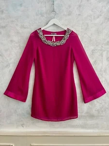 LIPSY Cerise Pink Jewel Neck Satin Wide Kimono Arm Flared Summer Blouse Top 8 - Picture 1 of 6