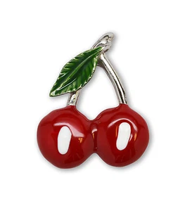 Retro Cherry Jacket or Hat Pin Classic Pewter Red and Green Enamel P-70 - Picture 1 of 5