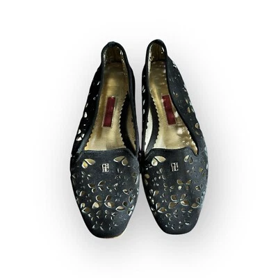 CH Carolina Herrera Black Laser Cut Suede Flats Size 37 US 6.5 - Image 1 of 4