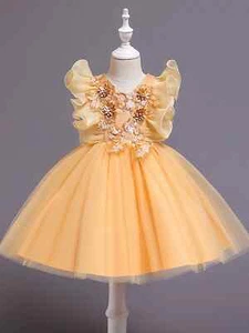 Yellow Girls Skirt Sleeveless Puffy Dress Skirt Girl Gown Party Piano Show Dress - Picture 1 of 11