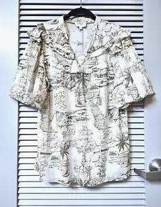 olive landscape print ruffle neck bubble slev top XL - Picture 1 of 4
