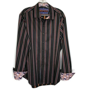 Robert Graham Black Stripe Classic Fit Embroidered Flip Cuff Dress Shirt Size L - Picture 1 of 13