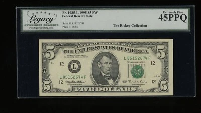 DBR 1995 $5 San Francisco Fr. 1985-L Legacy 45 PPQ Serial L85152674F - Image 1 of 2