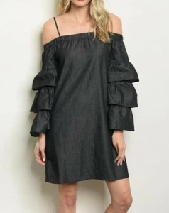 Black Dress Women Off Shoulder dress Long riffles sleeve - Picture 1 of 2