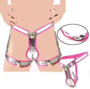 Male Chastity Belt Lock Panties Cage with tube Detachable Plug Thigh Cuffs - Picture 1 of 37