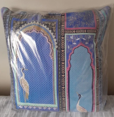 Sara Miller  Lattice Windows & Crane embroidered indigo cushion - India range - Image 1 of 4