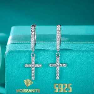 New Cross Moissanite 925 Sterling Silver Dangle Earring GRA Certified - Picture 1 of 10