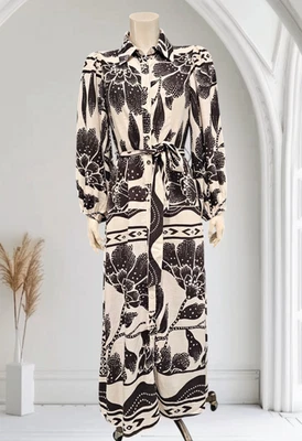 Maxi Camisa Vestido CLOSET BLANCO Crema Negro Floral Mezcla Lino Cinturón S Foto 1 de 4