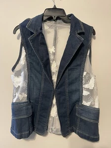 Custom Lace Butterflies Sheer See Thru Blue Denim Vest XL Women - Picture 1 of 5
