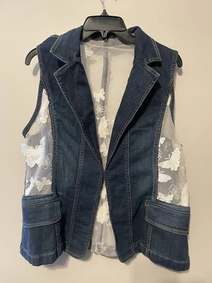 Custom Lace Butterflies Sheer See Thru Blue Denim Vest XL Women - Image 1 of 4