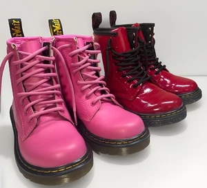 2 Doc Martens Air Wair Patent Red & Pink Lot Combat Boots 1460 J EUC Sz 13 Girls - Picture 1 of 15