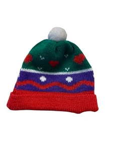 Vintage 80s Girls Beanie Cap Pom Hearts Purple Red Green White Child Toddler - Picture 1 of 10