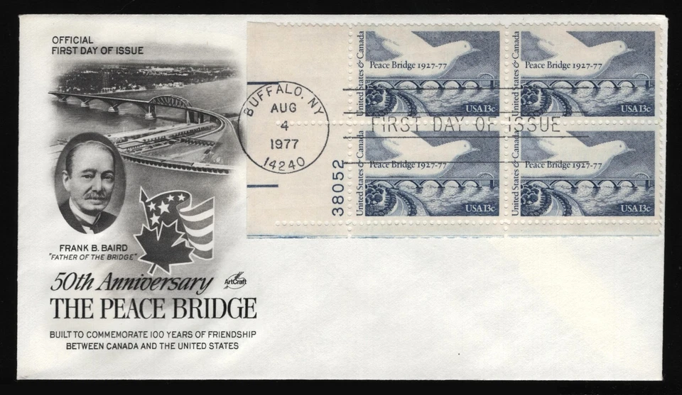 #1721 13c Peace Bridge-Plate Block, Art Craft H/C FDC **ANY 5=FREE SHIPPING** - Image 1 of 1