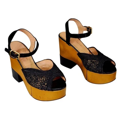 Женские сандалии на платформе на танкетке Robert Clergerie Paris 39 8,5 на деревянном каблуке черные желтовато-коричневые - Изображение 1 из 4