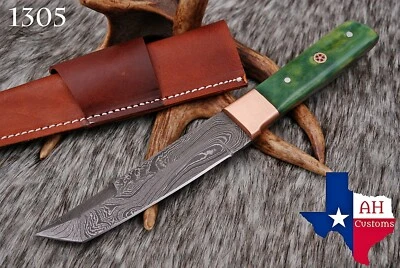 HAND FORGED DAMASCUS STEEL TANTO POINT HUNTING KNIFE & BONE HANDLE +SHEATH-.1305 - Image 1 of 4