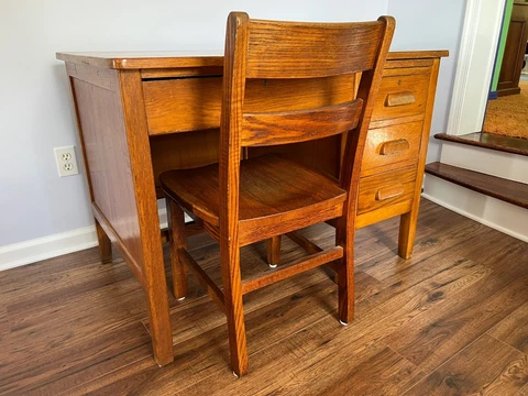 Antique Vintage Solid Oak 4-drawer Desk w/ Chair Cover
