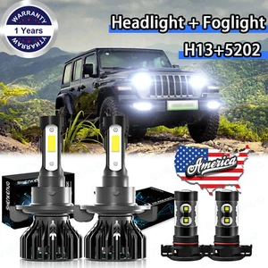 For 2018 2019 Jeep Wrangler JL 4pc Bulbs 6000K LED Headlights + Fog Lights Kits - Picture 1 of 12