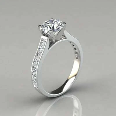 1.38Ct Near White Round Moissanite Engagement Wedding Ring Solid 14K White Gold - Image 1 of 2