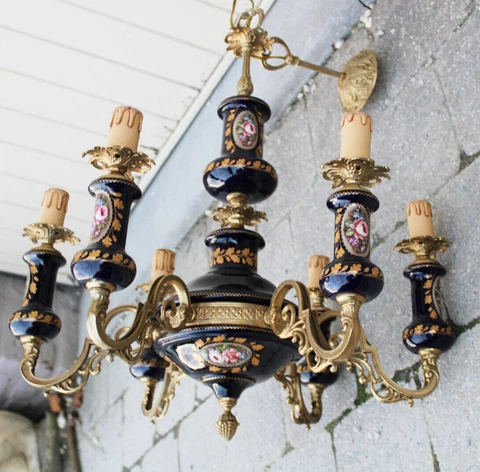 French Limoges cobalt blue porcelain chandelier floral decor 1970 rare lamp top Cover